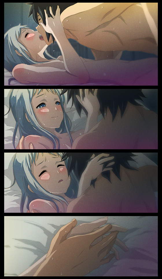 anohana:_the_flower_we_saw_that_day bed black_hair blue_eyes blush breasts closed_eyes comic couple female flat_chest french_kiss hands human jinta_yadomi kissing long_hair male meiko_honma nipples nude sex short_hair smile straight sweat vaginal_penetration young