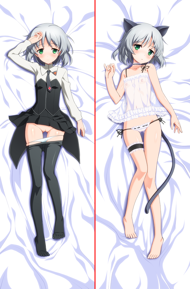 alternate_costume animal_ears arm_up barefoot bed_sheet black_legwear blush cat_ears cat_tail cleft_of_venus clothing collarbone dakimakura feet flat_chest full_body green_eyes head_tilt legs lingerie looking_at_viewer lying military military_uniform mound_of_venus multiple_views navel negligee nightgown nipples okina_ika okina_sai on_back open_clothes panties panty_pull pantyhose pantyhose_pull petite pussy sanya_v_litvyak see-through see-through_clothing short_hair silver_hair smile strike_witches tail thigh_gap toes uncensored underwear uniform white_panties