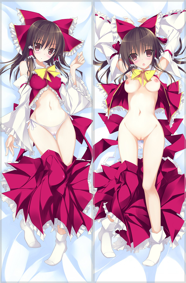 anklehighs arms_up bed_sheet bottomless bow breasts brown_eyes brown_hair dakimakura detached_sleeves female footwear hair_tubes hairbow lying mound_of_venus multiple_views nipples on_back open_clothes open_mouth open_shirt panties pussy reimu_hakurei shirt side-tie_panties skirt skirt_around_one_leg skirt_down skirt_lift socks solo touhou turn_cuff_socks uncensored underwear white_legwear white_panties white_socks wide_hips yudesoba