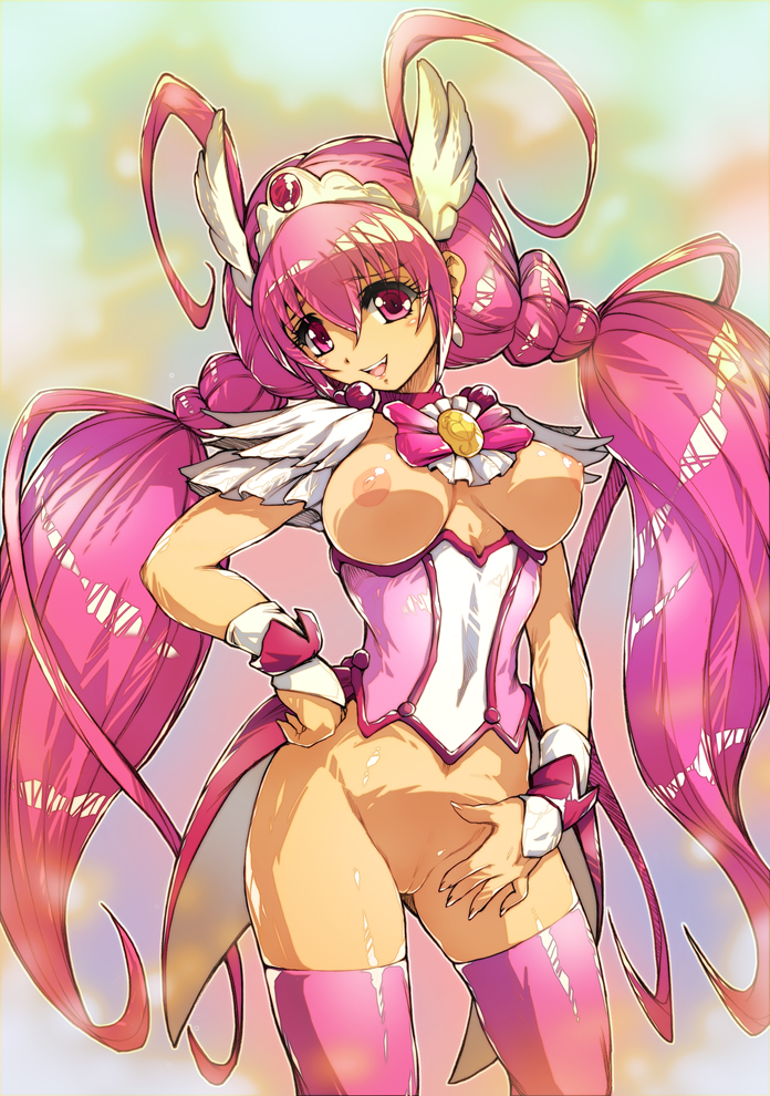 blush bottomless breasts clothing cure_happy erection eyelashes functionally_nude hisahiko hoshizora_miyuki innie_pussy long_hair magical_girl medium_breasts mostly_nude open_mouth penis pink_eyes pink_hair pink_legwear precum precure pretty_cure pussy smile smile_precure solo stockings thighhighs tied_hair twintails uncensored very_long_hair