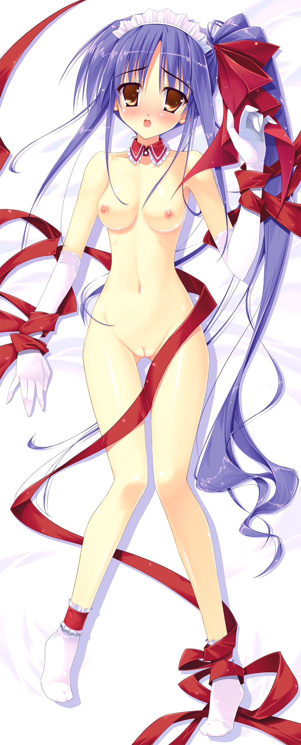 absurdres anklehighs blue_hair blush breasts brown_eyes d: dakimakura detached_sleeve elbow_gloves frilled_legwear frilled_socks gloves highres idol_revolution inagaki_miiko legs lying naked_ribbon nipples nude open_mouth pussy ribbon serizawa_ayano side_ponytail socks uncensored white_legwear white_socks