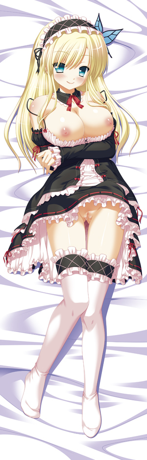 aqua_eyes bed_sheet blonde_hair blush boku_wa_tomodachi_ga_sukunai breasts breasts_out butterfly_hair_ornament dakimakura dress female frills hair_ornament human looking_at_viewer lying nanami_ayane nipples no_panties no_shoes on_back pussy sena_kashiwazaki smile solo thighhighs uncensored