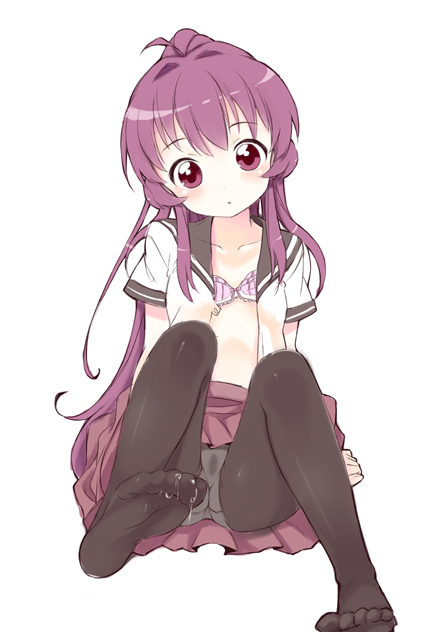 bra clothing cum cum_on_body cum_on_lower_body feet head_tilt lingerie long_hair looking_at_viewer no_shoes oke open_clothes open_shirt panties panties_under_pantyhose pantyhose ponytail purple_eyes purple_hair pussy_juice pussy_juice_stain shirt skirt soles solo sugiura_ayano tied_hair toes underwear wet_panties wet_pantyhose wide_eyed yuru_yuri