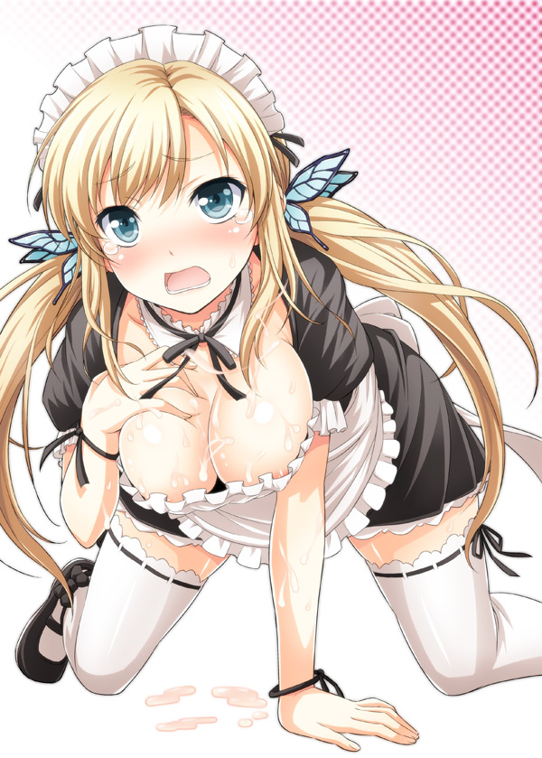 all_fours alternate_costume alternate_hairstyle apron areola_slip areolae arm_support blonde_hair blue_eyes blush boku_wa_tomodachi_ga_sukunai bracelet breast_grab breast_hold breasts butterfly butterfly_hair_ornament cum cum_on_body cum_on_breasts cum_on_upper_body detached_collar down_blouse enmaided female gradient gradient_background hair_ornament hairclip human jewelry large_breasts maid maid_headdress mary_janes nose_blush open_mouth ribbon sena_kashiwazaki shoes solo tears thighhighs tied_hair tomokichi twintails white_legwear wrist_ribbon zettai_ryouiki