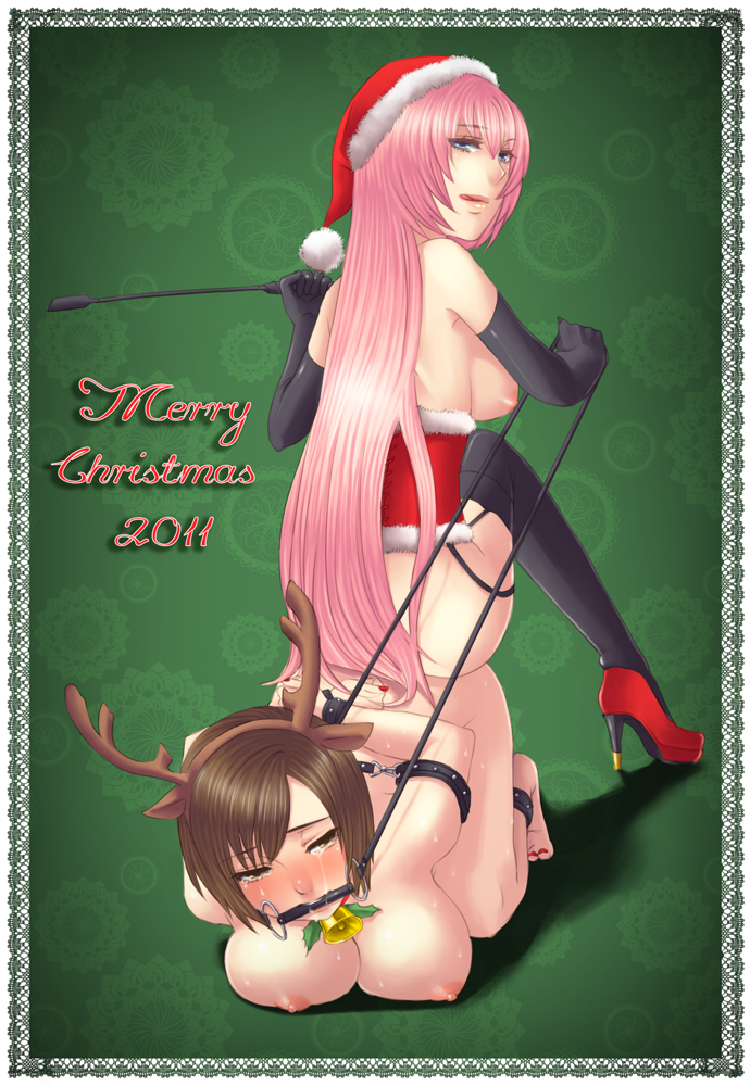 :q all_fours arms_behind_back ass_to_ass bell bit_gag blue_eyes blush bondage bottomless breasts brown_eyes brown_hair christmas corset cuffs elbow_gloves fake_antlers female femdom femsub gag gagged gloves handcuffs hat high_heels horns kemonomimi_mode large_breasts lezsub long_hair looking_back megurine_luka meiko multiple_girls murasaki_(ekyu) nude only_female pink_hair reindeer riding_crop santa_hat shoes short_hair sitting sitting_on_girl sitting_on_person sitting_on_sub slave smile sweat tears thighhighs tied_up tongue tongue_out vocaloid whip yuri