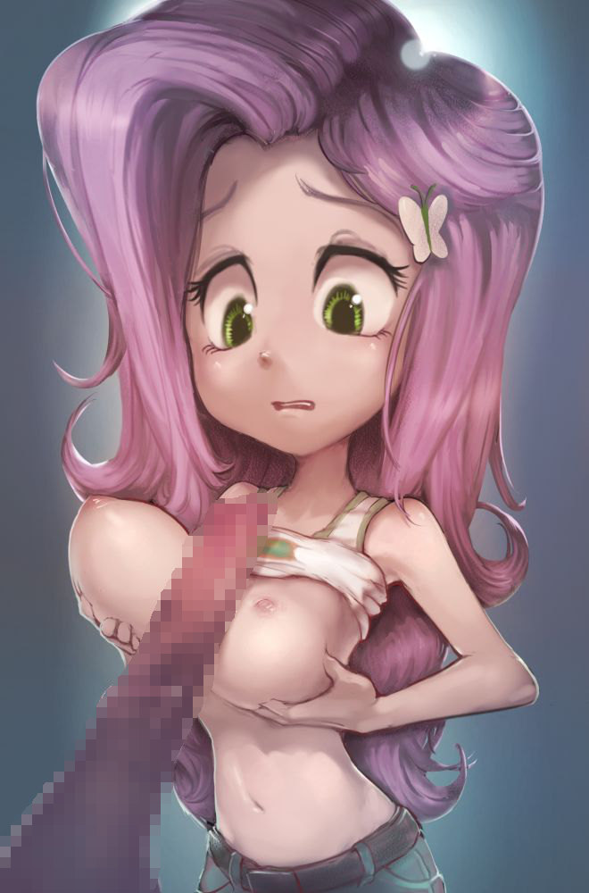 1boy 1girls big_breasts breasts butterfly_hair_ornament censored conoghi equestria_girls female fluttershy_(eg) friendship_is_magic green_eyes hasbro large_breasts male my_little_pony navel paizuri pink_hair shirt_lift topless