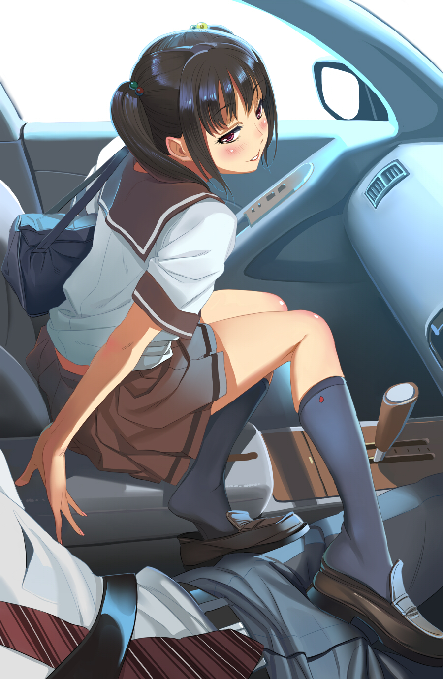 black_hair black_legwear blush brown_loafers car car_interior clothed feet female footjob footwear hair_bobbles hair_ornament haruta heel_pop highres knee_socks kneehighs kneesocks loafers midriff motor_vehicle naughty_face necktie original petite pink_eyes pov school_bag school_uniform serafuku shoejob shoes skirt smoke_(flyx21) socks solo_focus teasing tied_hair twintails vehicle white_socks