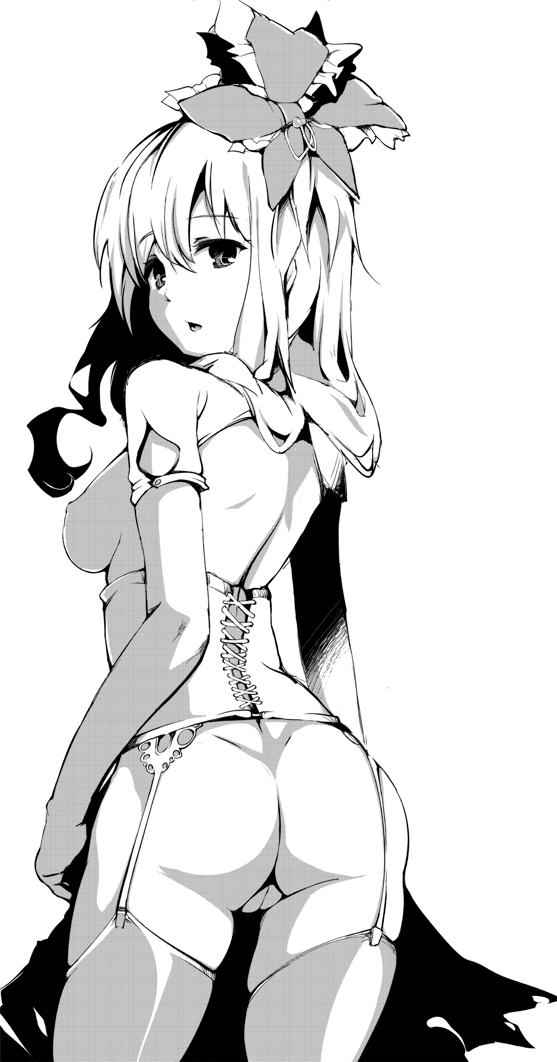 ass back breasts cofepig corset female from_behind garter_belt kagiyama_hina looking_back monochrome naked_thighhighs nipples nude pussy ribbon solo thighhighs touhou uncensored