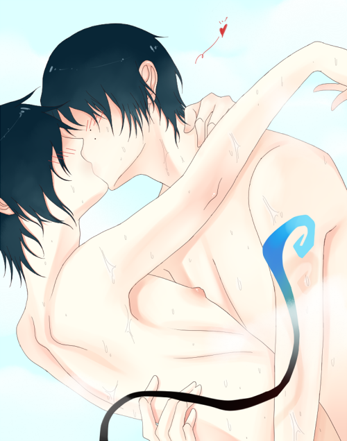 2boys ao_no_exorcist arms_around_neck black_hair blush brothers dark_hair faceless faceless_male family gay heart hug human incest kissing male multiple_boys nude okumura_rin okumura_yukio short_hair siblings sweat tail twincest twins yaoi