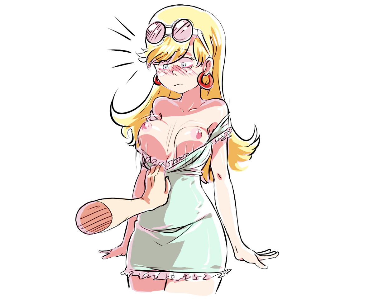 areolae, assisted exposure, bent wrist, blonde hair, blue eyes, blush, bouncing breasts, breasts, breasts out, disembodied arm, dress, dress pull, earrings, embarrassed, eyelashes, female, frown, hoop earrings, jcm2, leni loud, long hair, nipples, no bra, shirt pull, straight hair, sunglasses, sunglasses on head, surprised, the loud house, white background