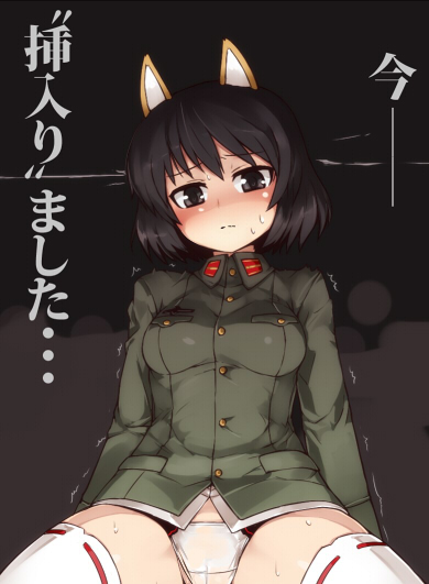 anal animal_ears black_eyes black_hair blush cameltoe clothing fat_mons katou_takeko medium_breasts military military_uniform null_(nyanpyoun) panties penis sex short_hair solo solo_focus stockings strike_witches sweat text thighhighs translation_request trembling underwear uniform white_legwear