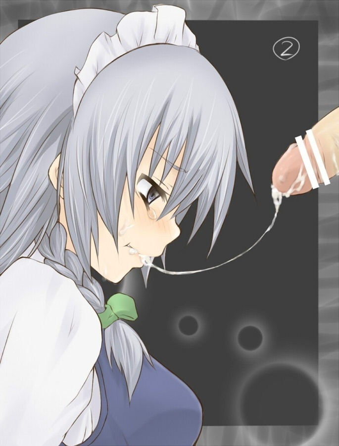 blush censored cum cum_in_mouth cum_string fellatio kiiroi_tamago oral penis sakuya_izayoi silver_hair solo_focus straight tears touhou