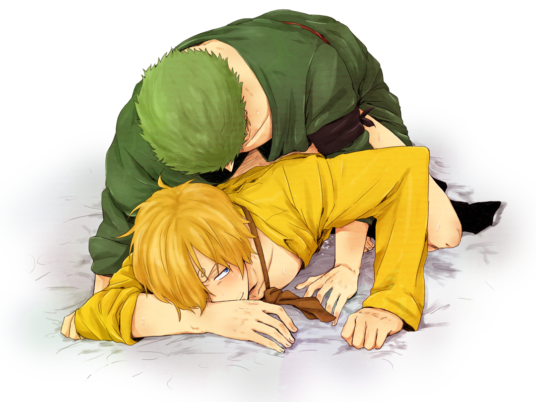 2boys, anal, bandana, bed sheet, bent over, blonde hair, bottomless, cum, cum while penetrated, gay, green hair, hair over one eye, human, male, male only, multiple boys, multiple males, necktie, one piece, open clothes, open shirt, robe, roronoa zoro, sanji, sex, sheets, vinsmoke sanji, yaoi, yellow shirt