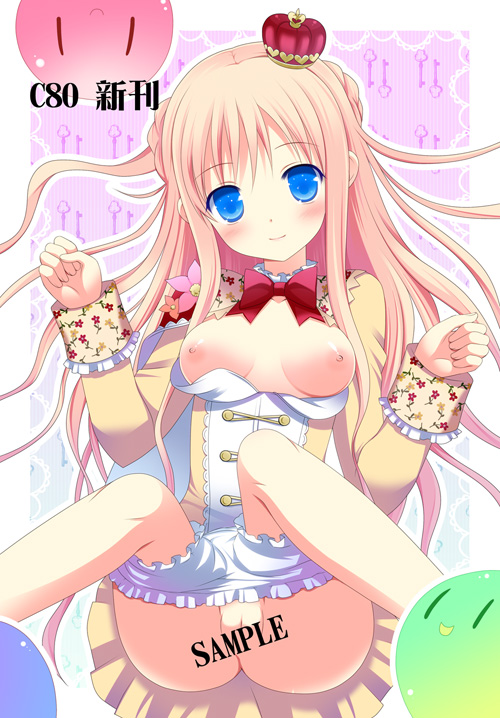 1girls atelier_(series) atelier_meruru blonde_hair blue_eyes blush bow breasts breasts_out censored crown female half_updo long_hair makita_maki merurulince_rede_arls mini_crown nipples no_bra nude number open_clothes panties panty_pull puni_(atelier) pussy sample solo underwear upskirt wrist_cuffs