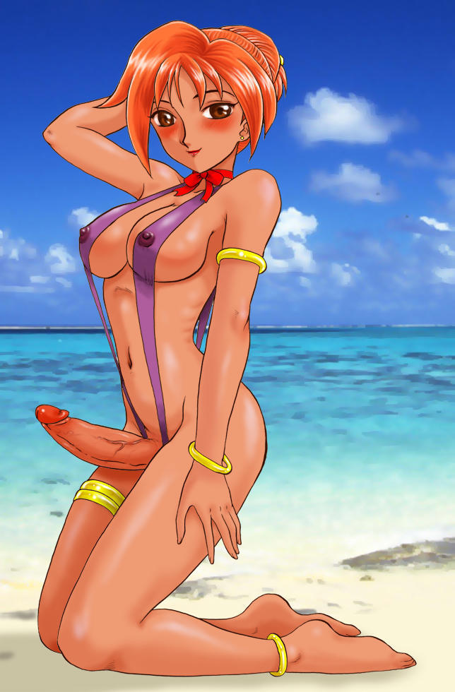 beach bikini blush breasts brown_eyes erect_nipples erection feet futanari hair intersex jewelry makita_aoi navel ocean orange_hair penis ribbon sand sea sky smile source_request swimsuit