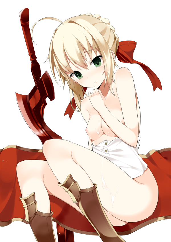 1girls aestus_estus ahoge bare_shoulders blonde_hair blush bottomless bow breasts cum cum_on_body cum_on_lower_body cum_on_upper_body face fate/extra fate/stay_night fate_(series) female greaves green_eyes hair_bun hairbow nero_claudius_(fate) nipples no_bra short_hair simple_background soburi solo sword weapon