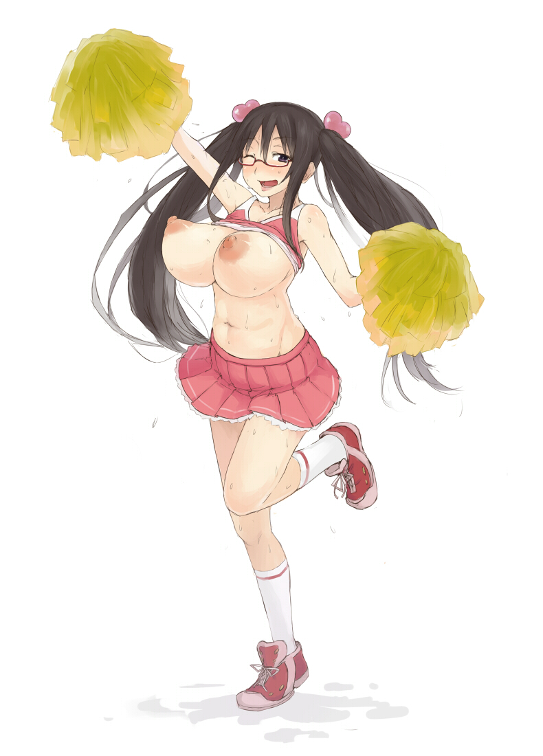 1girls areolae black_eyes black_hair blush breasts brown_eyes brown_hair cheerleader chiwino female glasses huge_breasts leg_lift long_hair nipples no_bra one_eye_closed original perky_breasts pom_poms shirt_lift skirt socks solo sweat tied_hair twintails wink