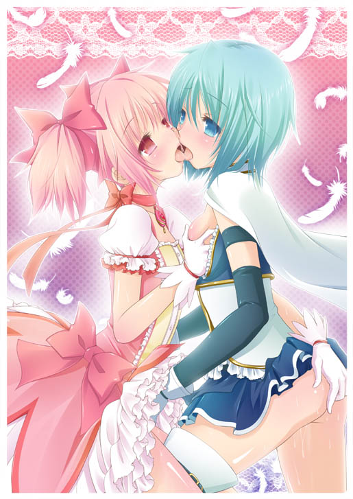 2girls armband blue_eyes blue_hair blush bow breast_grab breasts cape feathers female female_only french_kiss gloves hairbow human kissing madoka_kaname magical_girl mahou_shoujo_madoka_magica medium_breasts miki_sayaka multiple_girls nabepro no_bra pink_eyes pink_hair short_hair short_twintails soul_gem tied_hair twintails wet yuri