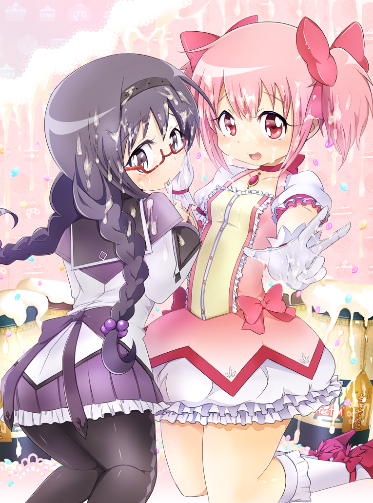 akemi_homura black_hair blush braid cake choker condensed_milk cum cum_on_hair facial female food fork glasses gloves hand_on_another's_cheek hand_on_another's_face hand_on_cheek human kamiya_zuzu kneeling long_hair looking_back madoka_kaname mahou_shoujo_madoka_magica mouth_hold multiple_girls pantyhose pink_eyes pink_hair purple_eyes red-framed_glasses short_hair smile spoilers tied_hair twin_braids twintails v white_gloves zuzu