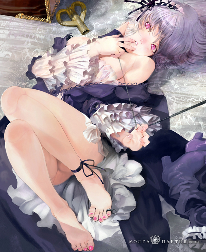 1girls barefoot blush bow breasts doll_joints dress duplicate feet female frills gothic_lolita grey_hair hairband jewelry legs lolita_fashion long_hair lossy-lossless lying moruga off_shoulder on_back pink_eyes ribbon ring rozen_maiden shoulders silver_hair solo suigintou toe_ring toenail_polish toenails toes