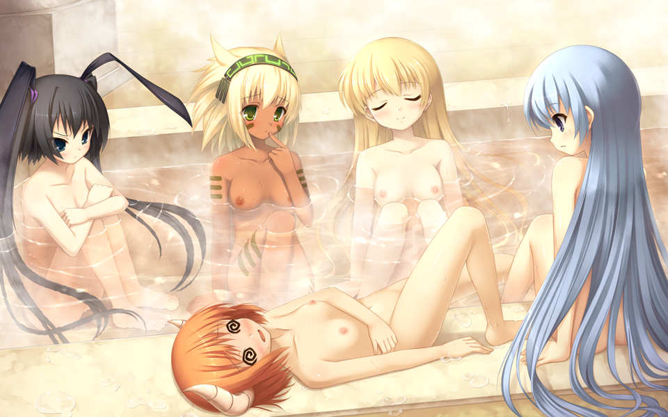 @_@ animal_ears barefoot bath breasts cat_ears cat_girl censored christo_mu christo_pu christo_ru christo_wu christo_zu closed_eyes convenient_censoring convenient_leg dark_skin demon_girl game_cg hitomaru horns leg_hug long_hair multiple_girls nipples nude official_art seirei_tenshou smile succubus succubus_horns tied_hair twintails very_long_hair wet