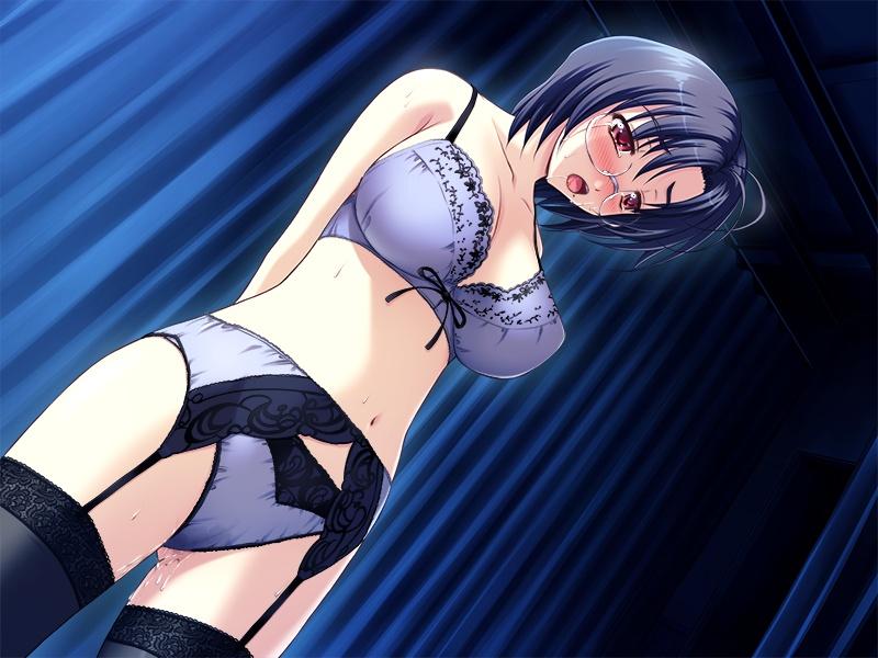 blue_bra blue_hair blue_panties blush bra garter_belt glasses legwear lingerie panties pussy_juice red_eyes short_hair sister_x_sister_~lovevery_sisters~ standing stockings tears thighhighs toma_(asagayatei) underwear underwear_only