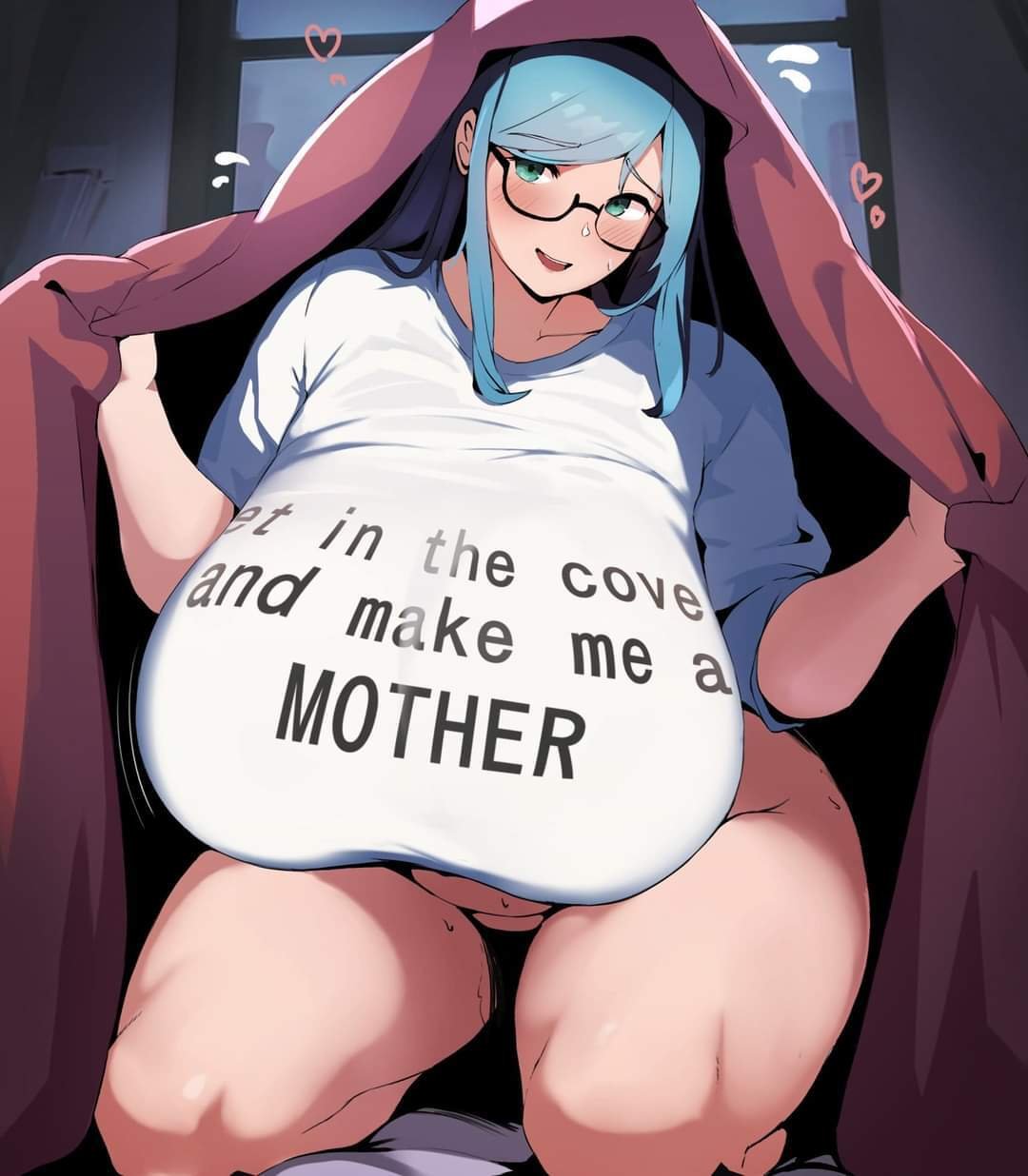 ai generated, big breasts, blue eyes, blue hair, blushing, breasts, female, fuck-me shirt, glasses, hearts, inviting to sex, inviting under covers, large breasts, large thighs, looking at viewer, milf, possible ai, requesting impregnation, smiling, t shirt, tagme, text, text on shirt, text on topwear, under covers, white shirt