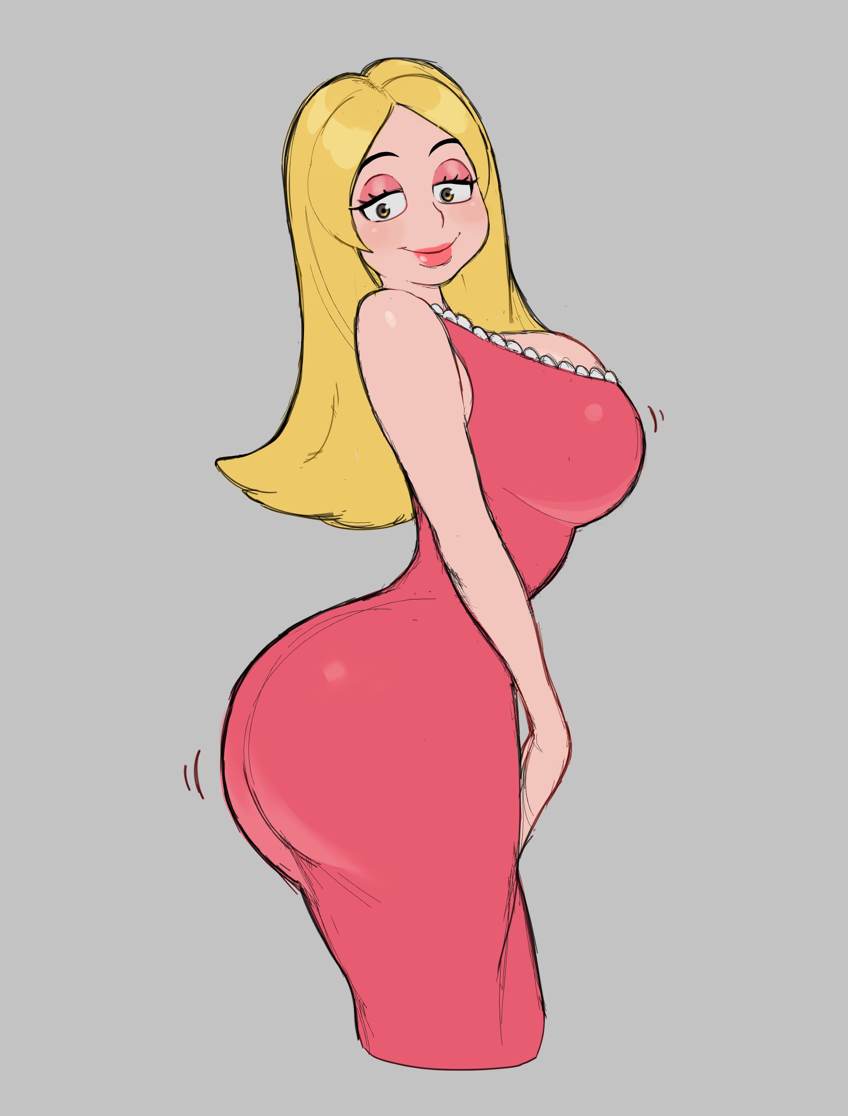 1girls, 2knsfw1, american dad, ass, big ass, big breasts, bimbo, black eyes, blonde hair, breasts, clothing, dress, eyeshadow, female, female only, francine smith, hair, half-closed eyes, huge ass, huge breasts, lips, long hair, mature, mature female, mature woman, milf, mother, motion lines, pink dress, side view, sideboob, smile, solo, solo female, thick lips