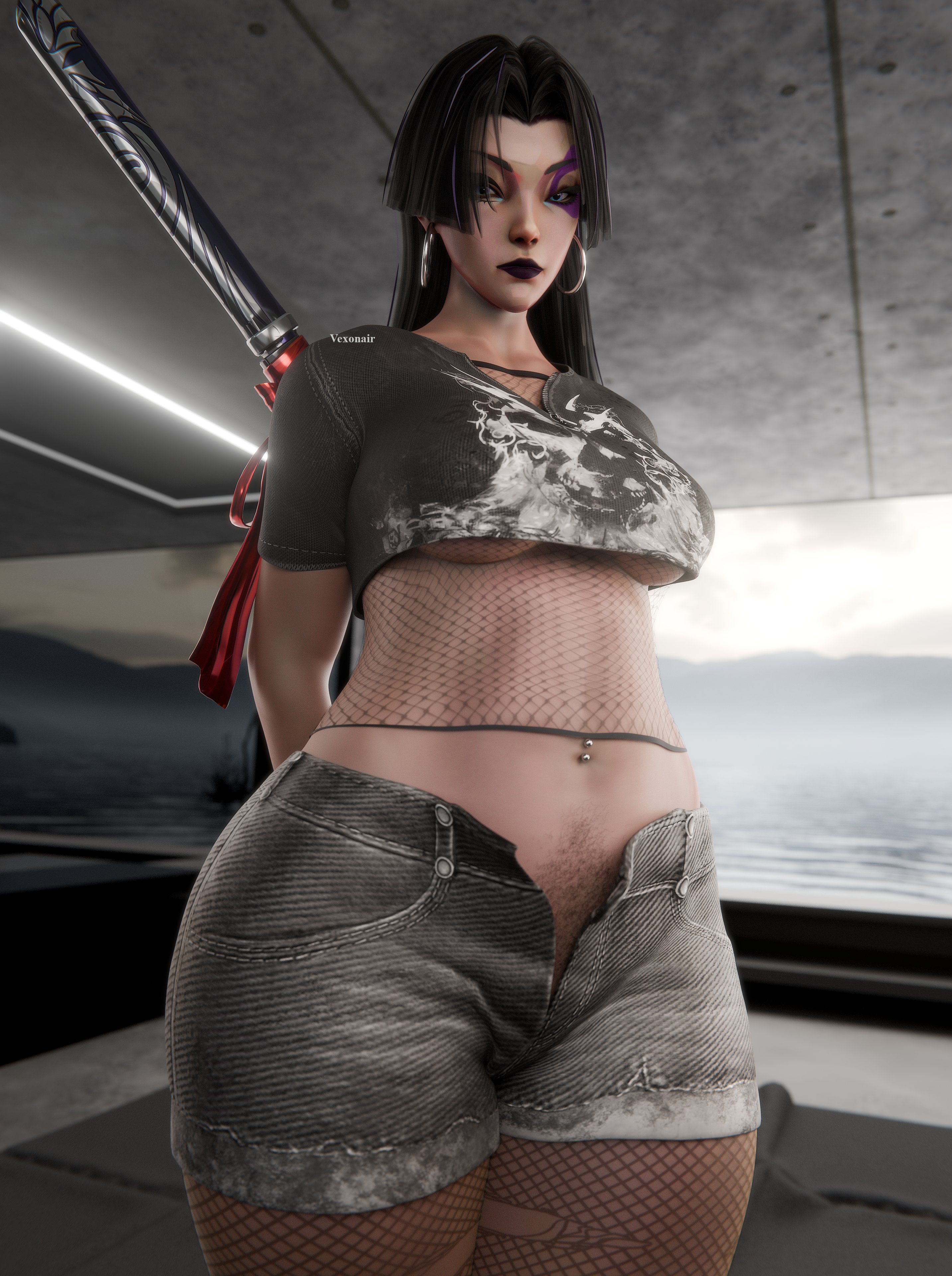 1girls, 3d, female, fishnets, hairy pussy, happy trail, jean shorts, looking at viewer, marvel, marvel rivals, psylocke, psylocke (marvel rivals), psylocke (sai) (vengeance), pubic hair, pubic hair peek, pussy, short hair, solo, vexonair