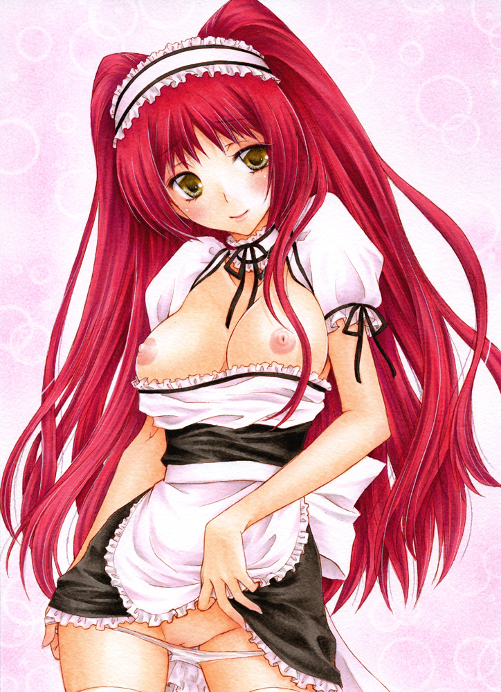 1girls alternate_costume apron blush breasts choker clothing colored_pencil_(medium) enmaided female hands headdress kousaka_tamaki large_breasts light_smile long_hair looking_at_viewer maid marker_(medium) nipples panties panty_pull pastel_(medium) pussy red_hair shaved_pussy shirt shirt_pull skirt skirt_lift solo tareme to_heart_(series) to_heart_2 traditional_media uncensored underwear waist_apron yellow_eyes yukaxcat