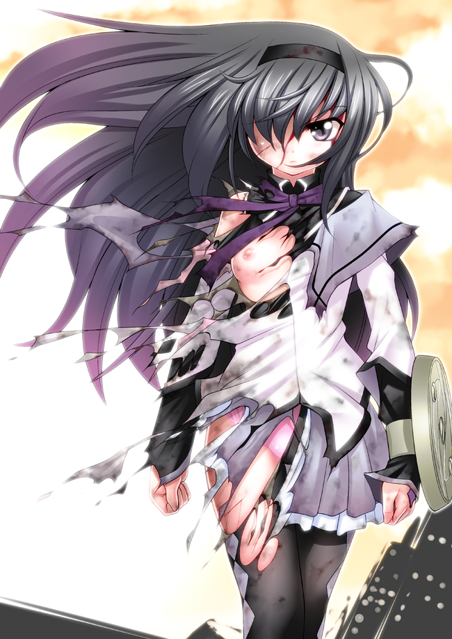 1girls akemi_homura areolae black_eyes black_hair blood breasts clenched_hands erect_nipples female female_only floating_hair hair_blowing hair_over_one_eye hairband long_hair lost_clothes magical_girl mahou_shoujo_madoka_magica nipples panties pantyhose pink_panties sakura_ryuuken shield skirt small_breasts solo torn_clothes torn_pantyhose torn_skirt underwear walking wind