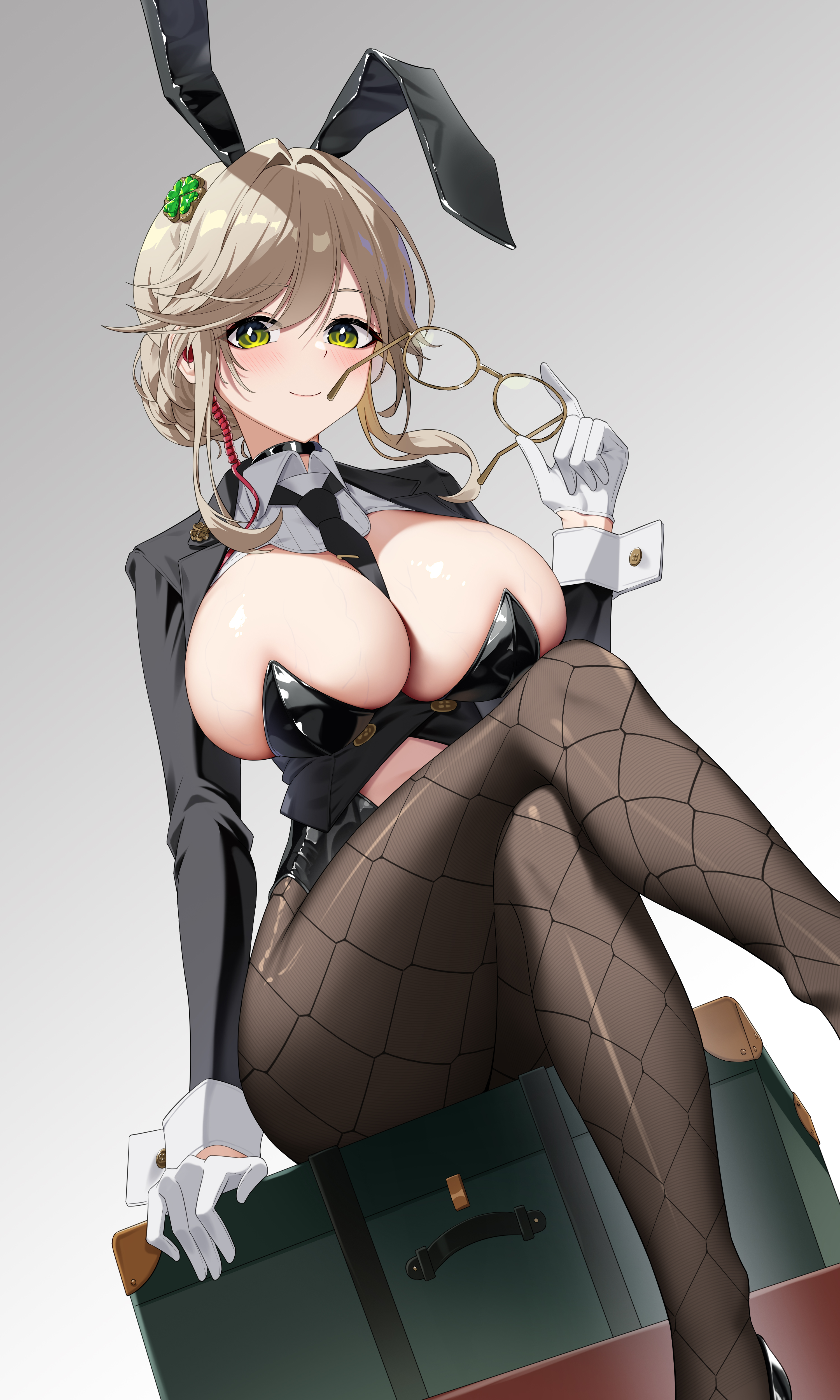 1girls, absurdres, ade (agent bunny) (nikke), ade (nikke), animal ear hairband, animal ears, between breasts, black leotard, black necktie, black pantyhose, blush, breasts, briefcase, brown hair, bun with braided base, cleavage, closed mouth, clothing cutout, clover hair ornament, clover pin, commentary, crossed legs, fake animal ears, female, female only, fishnet pantyhose, fishnets, four-leaf clover hair ornament, glasses, gloves, green eyes, hair intakes, hair ornament, hairband, high heels, highres, holding, holding removed eyewear, huge breasts, le huo, leotard, long hair, long sleeves, looking at viewer, navel, navel cutout, necktie, necktie between breasts, pantyhose, rabbit ear hairband, rabbit ears, sidelocks, sitting, sitting on object, smile, solo, stomach, undersized breast cup, unworn eyewear, white gloves, white wrist cuffs, wrist cuffs, yellow-framed eyewear