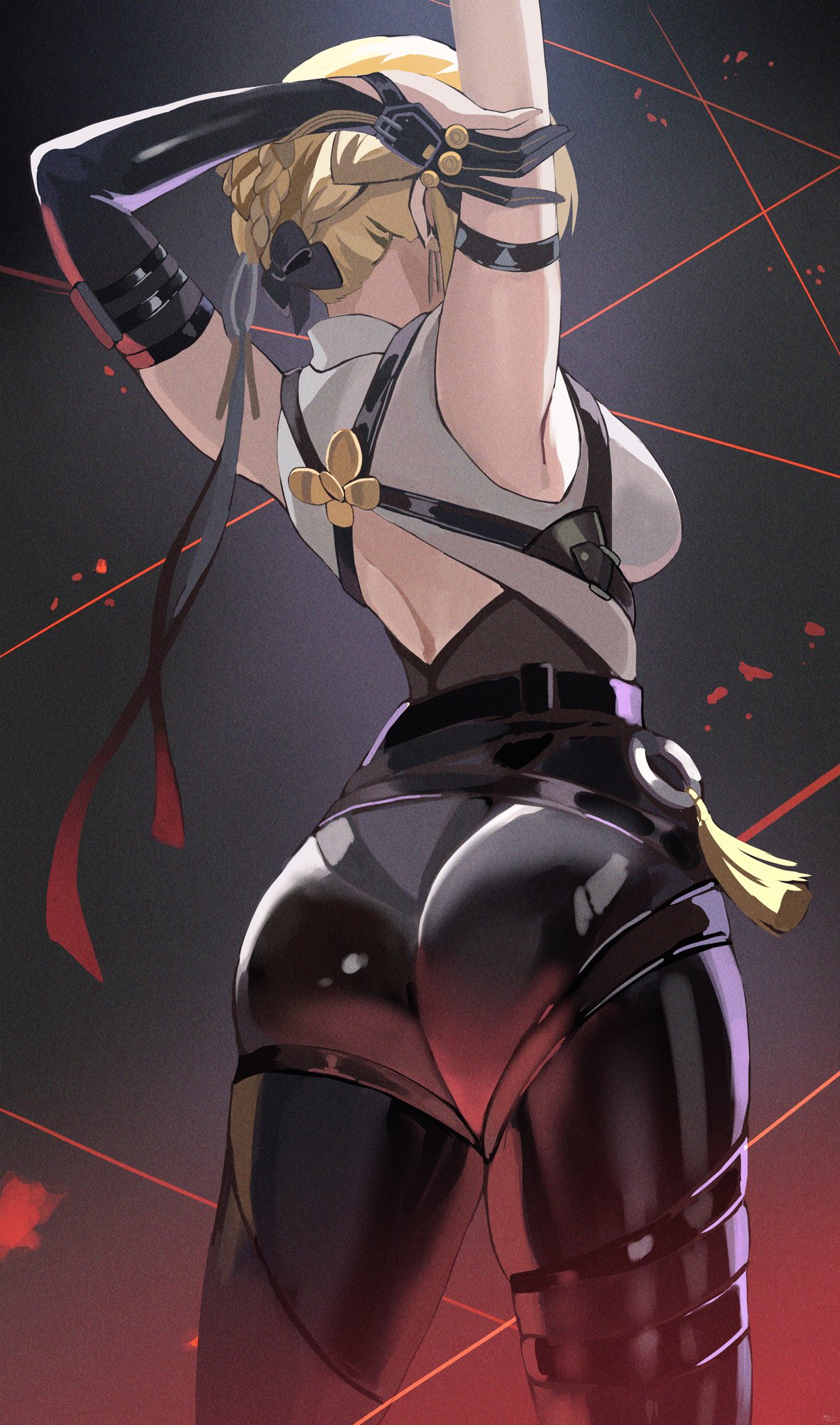 1girls, absurdres, arm behind head, arms behind back, arms behind head, arms up, ass, ass focus, back view, big ass, big butt, black background, black gloves, black legwear, black pants, blonde hair, breasts, chest harness, evelyn chevalier, female, female only, from behind, gloves, hair up, hands behind head, harness, high-waist pants, highres, large ass, large breasts, pants, rear view, shirt, sideboob, sleeveless, sleeveless shirt, thick thighs, thighs, tight clothes, tight pants, viewed from behind, white shirt, yato (yama0x1), yato yz, zenless zone zero