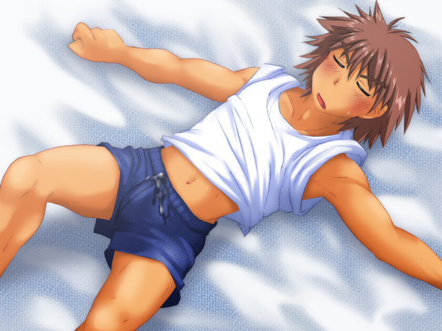 bed_sheet bedsheets beige_skin blush brown_hair bulge cum cum_on_clothes cum_through_clothes lying male male_only muscle navel on_back open_mouth set shorts sleeping solo t-shirt tan_skin thisarmor underwear