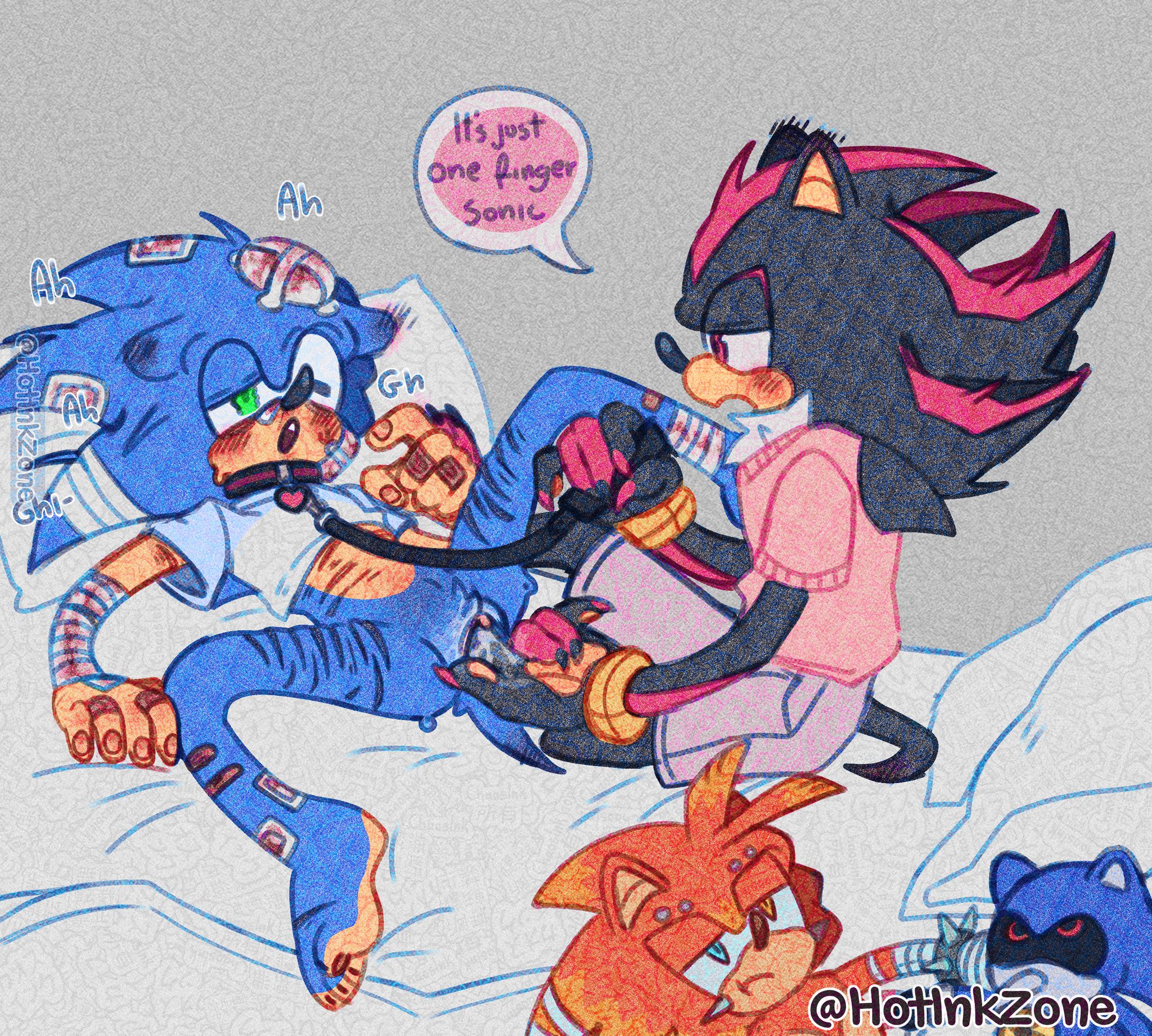 1cuntboy, bandage, bed, bedroom, bootleg metal sonic, collar, cuntboy, cuntboy/male, feet, fingering, fingering pussy, hedgehog, hotinkzone, hue hue hue, intersex, intersex/male, leash, male, male only, male/male, metal sonic, open legs, original character, pillow, plushie, pussy, scars, self harm scars, shadow the hedgehog, sonadow, sonic (series), sonic the hedgehog, wet pussy