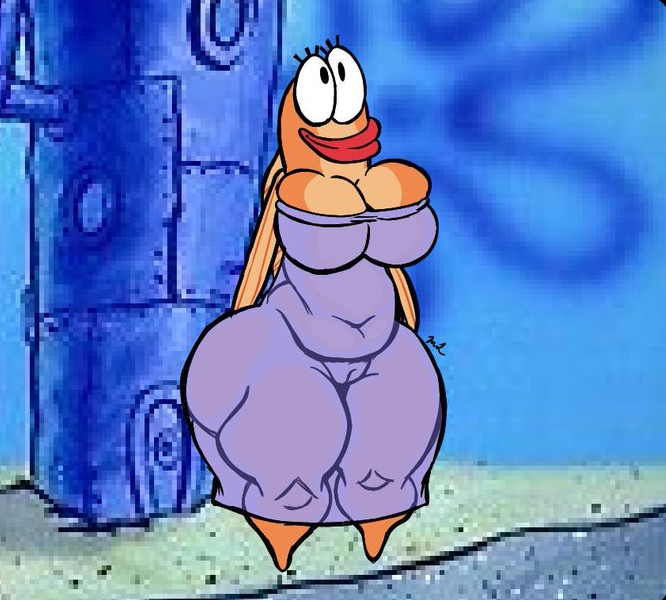 1girls, anthro, big breasts, big thighs, bikini bottom, blue background, boob window, breasts, chubby belly, clothing, dress, eyelashes, female, female only, fish, fish woman, incidental 49 (spongebob), large breasts, large thighs, lips, lipstick, looking up, marine, mature, mature anthro, mature female, monstorlilly, nickelodeon, norma rechid, norma rechid (spongbob squarepants), orange body, purple dress, pussy, pussy visible through clothes, red lips, red lipstick, smiling, solo, solo female, solo focus, spongebob squarepants, standing, tan skin, thick ass, thick thighs, thighs, tight clothing