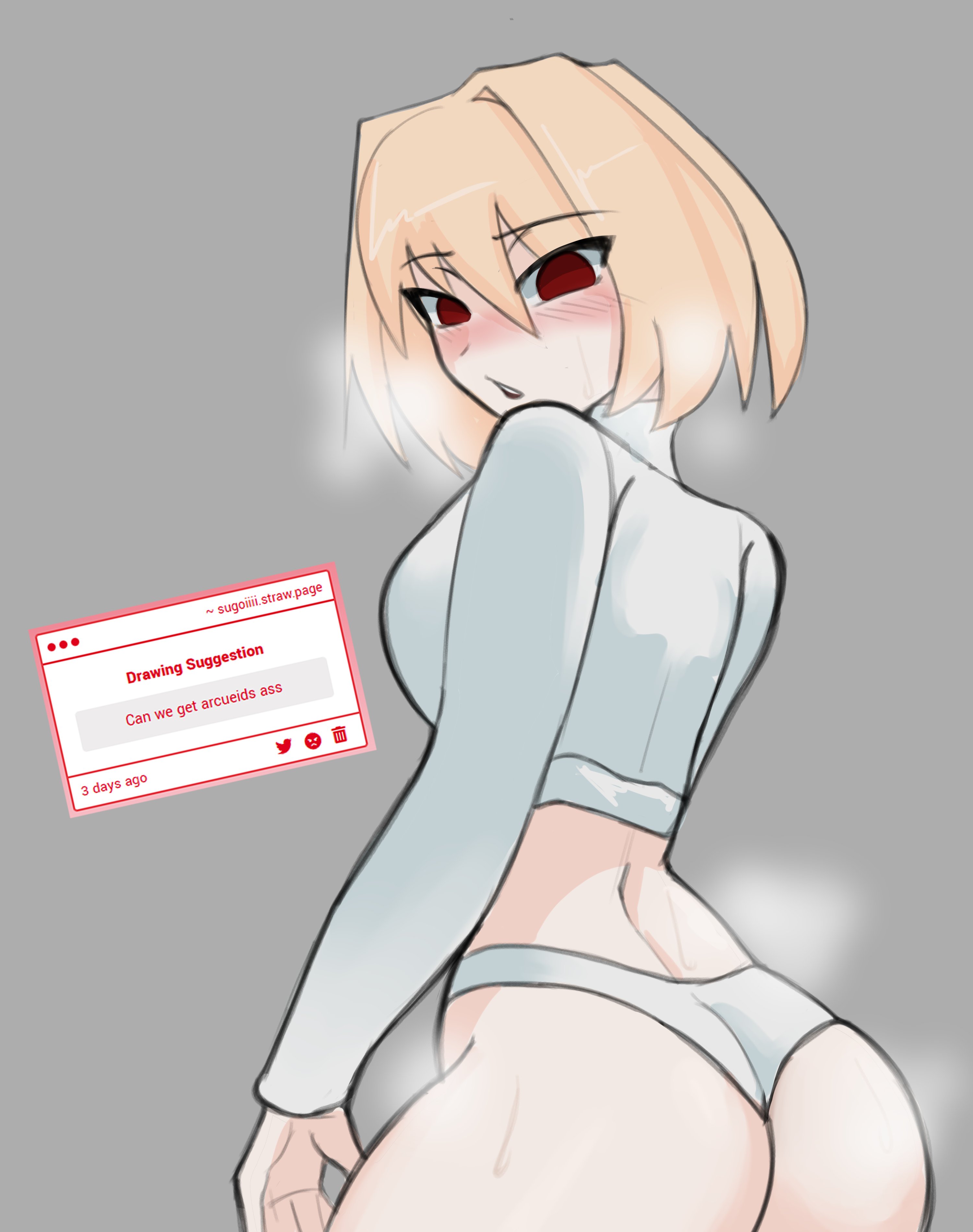 1girls, arcueid brunestud, ass, big ass, blonde hair, blush, curvy, curvy figure, female, huge ass, looking at own butt, looking at self, looking back, melty blood, no legwear, panties, panties only, red eyes, short hair, steam, steamy breath, strawpage request, sugoiiii , sweat, sweater, tsukihime, turning head, turtleneck sweater, white panties, white sweater, wide hips