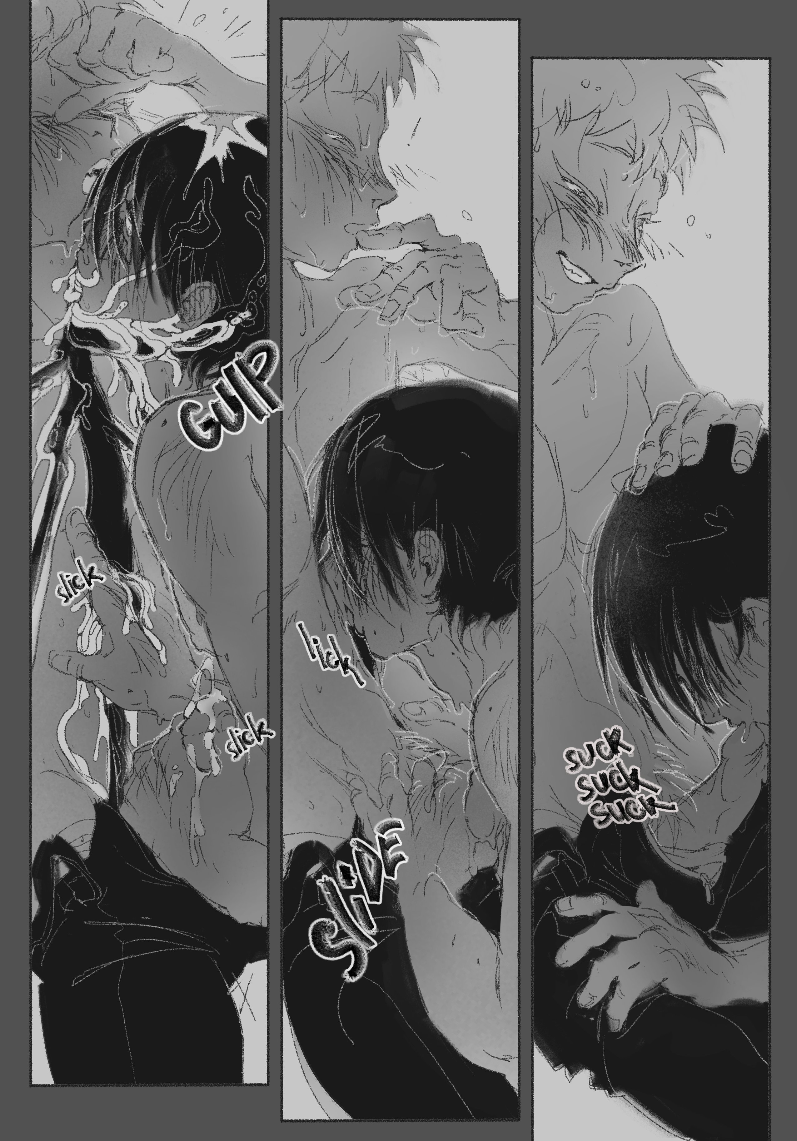 black and white, cum, elvevil, fellatio, gay, hand on head, handjob, hikaru indou, male, pants undone, penis, sucking penis, sucking tentacle, sucking tip, tentacle, the summer hikaru died, unbuttoned pants, yaoi, yoshiki tsujinaka