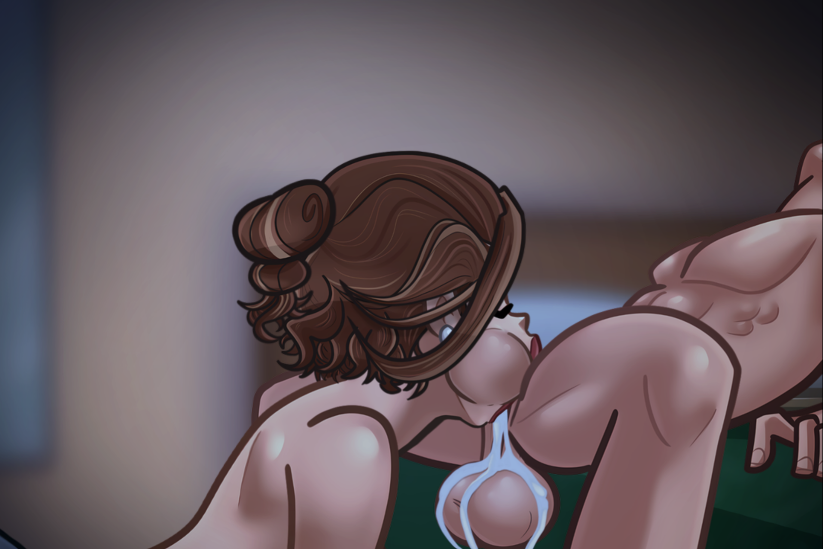 1boy, all the way to the base, balls, big ass, big balls, breadman games, breasts, brown hair, brown-haired female, cum, cum drip, cum in mouth, cum in throat, deepthroat, deepthroat no hands, demon deals, fellatio, female, hentai game, huge breasts, huge cock, incest, kneeling, leslie gates, light skin, light-skinned female, light-skinned male, main character (demon deals), male, mother and son, on knees, penis, tagme, thong, thong only