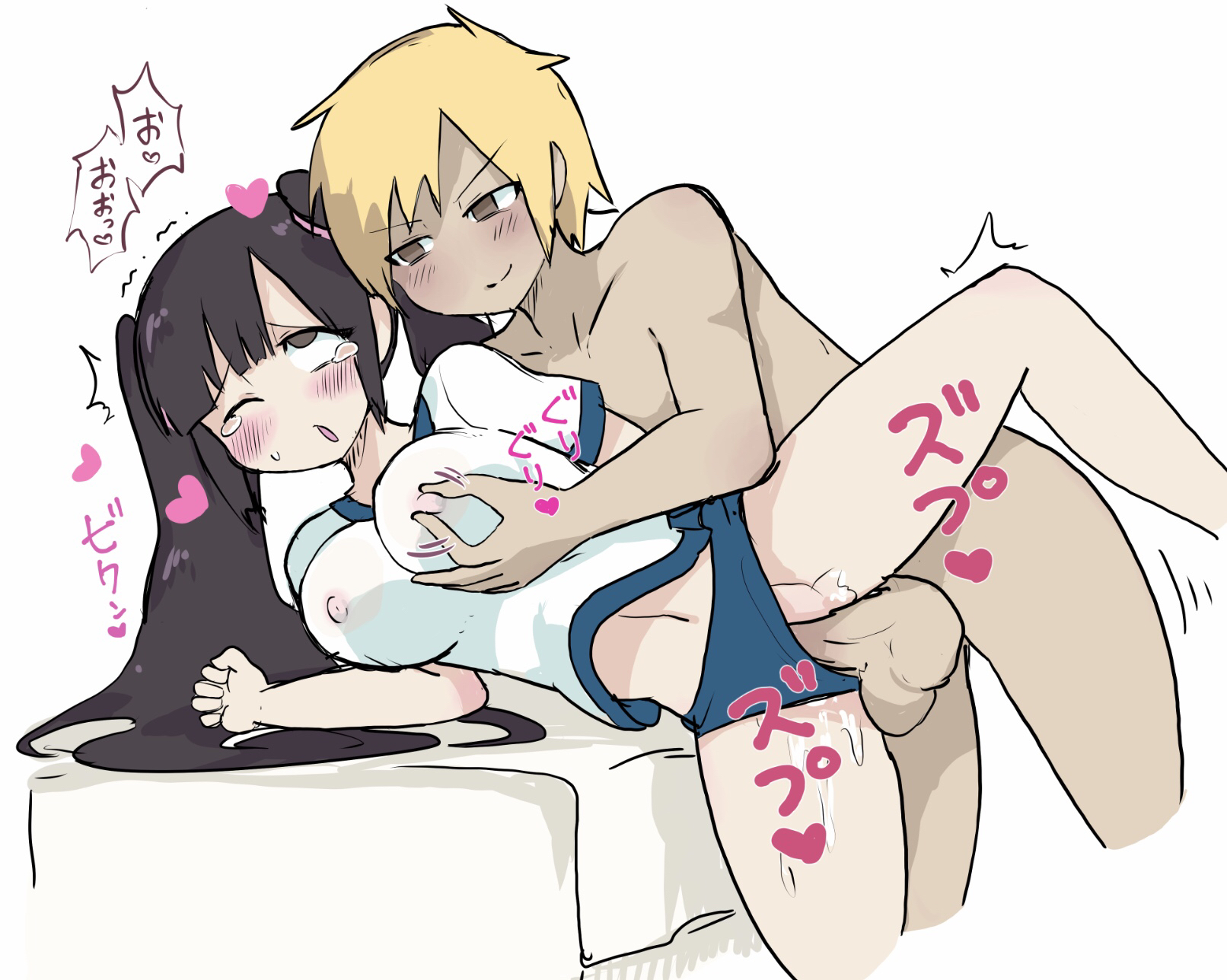 1boy, 1girls, big breasts, black hair, black-haired female, blonde, blonde hair, blonde-haired male, breasts, cock, dick, female, genitals, male, nude, nude male, one eye closed, original, panties aside, penis, pussy, sex, simple background, spoon position, spooning, spread legs, vaginal penetration, vaginal sex, white-stew