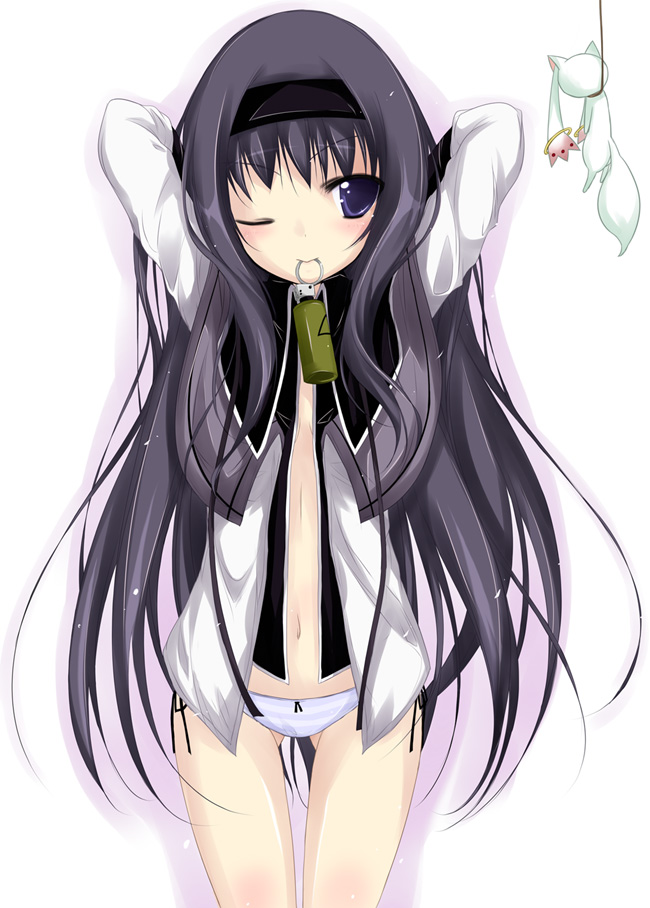 akemi_homura arms_behind_head asphyxiation bare_legs black_hair explosive explosives female hairband hanged kyuubee long_hair mahou_shoujo_madoka_magica mouth_hold navel one_eye_closed open_mouth panties purple_eyes simple_background solo underwear wink yumesato_makura