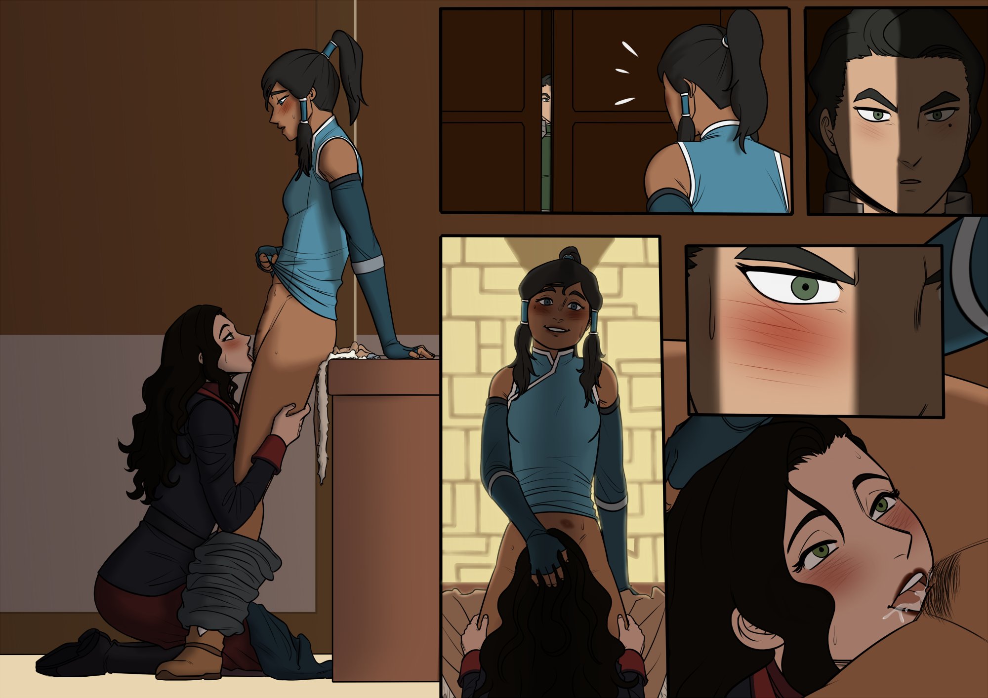 3girls, asami sato, avatar legends, canon couple, caught in the act, cunnilingus, female, female only, korra, kuvira, nickelodeon, nubeinvernal, oral, pubic hair, pushing head, pushing head towards cunnilingus, pussy, the legend of korra, voyeur, yuri