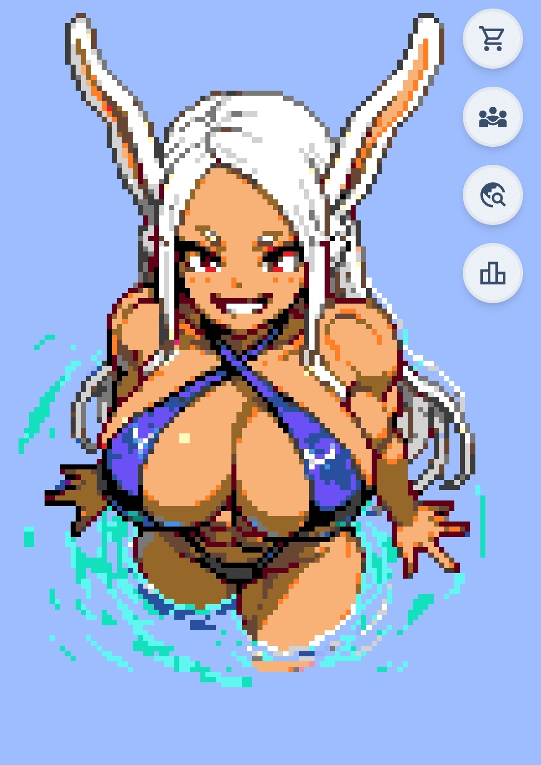 abs, big breasts, breasts, bunny ears, female, miruko, muscular, muscular female, my hero academia, pixel art, red eyes, rumi usagiyama, sling bikini, smiling, swimsuit, white hair, wplace, wplace (artwork)