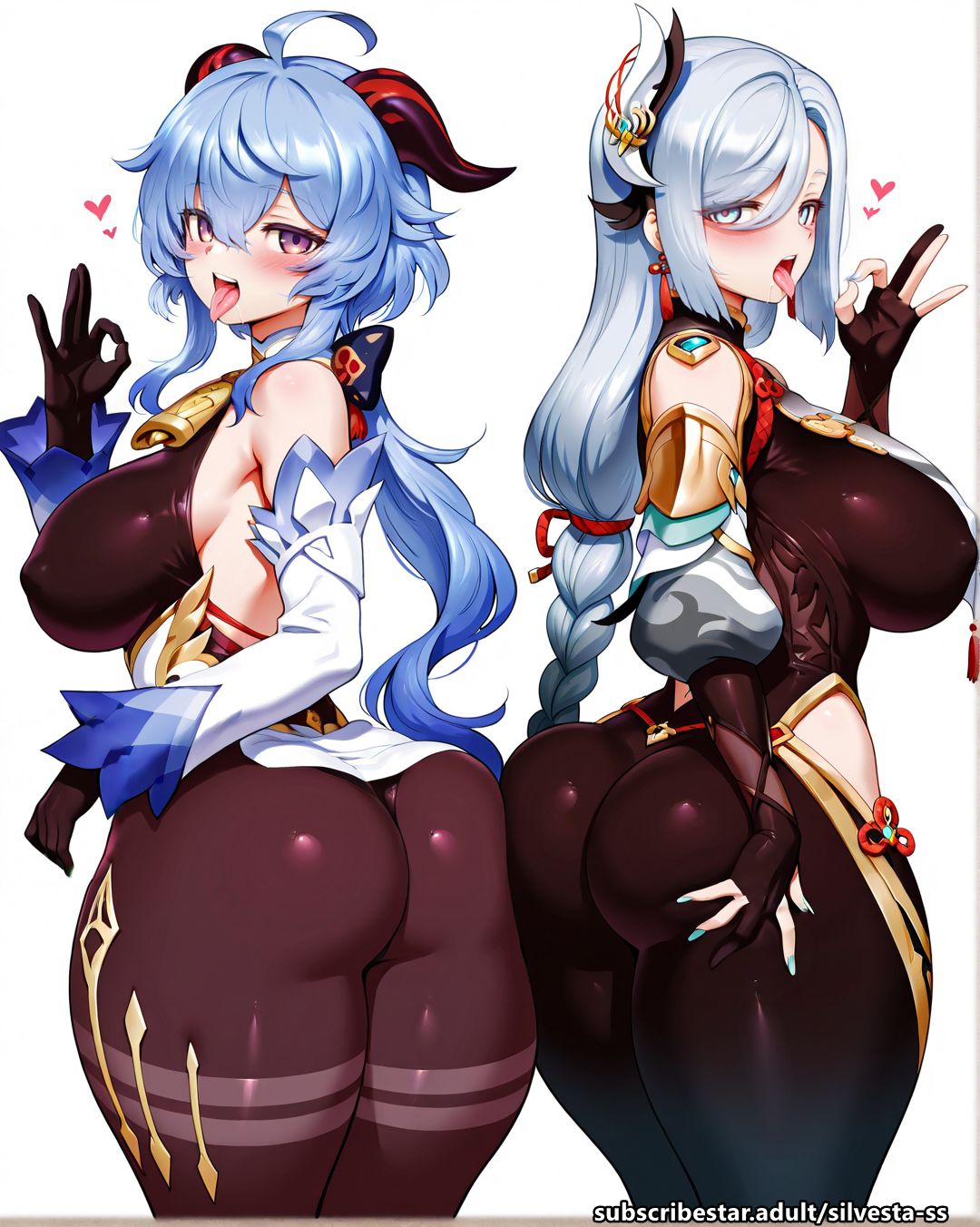 2girls, ai generated, ass, ass focus, ass-to-ass, big ass, big breasts, black bodysuit, black gloves, black panties, black pantyhose, blue hair, blue nails, blush, bodysuit, breasts, bubble butt, child bearing hips, clothing cutout, covered nipples, cow bell, drooling, duo, fellatio gesture, female, female only, fingerless gloves, ganyu (genshin impact), genshin impact, grabbing own ass, hip vent, horn, horns, huge ass, huge breasts, imminent fellatio, imminent oral, imminent sex, imminent threesome, large breasts, light-skinned female, liyue girls, long hair, looking at viewer, low-braided long hair, milf, multiple girls, open mouth, oral invitation, pantyhose, partially fingerless gloves, pov, shenhe (genshin impact), side-by-side, sideboob, silvesta, spoken heart, thick thighs, thighs, tongue, tongue out, white background, white hair, wide hips