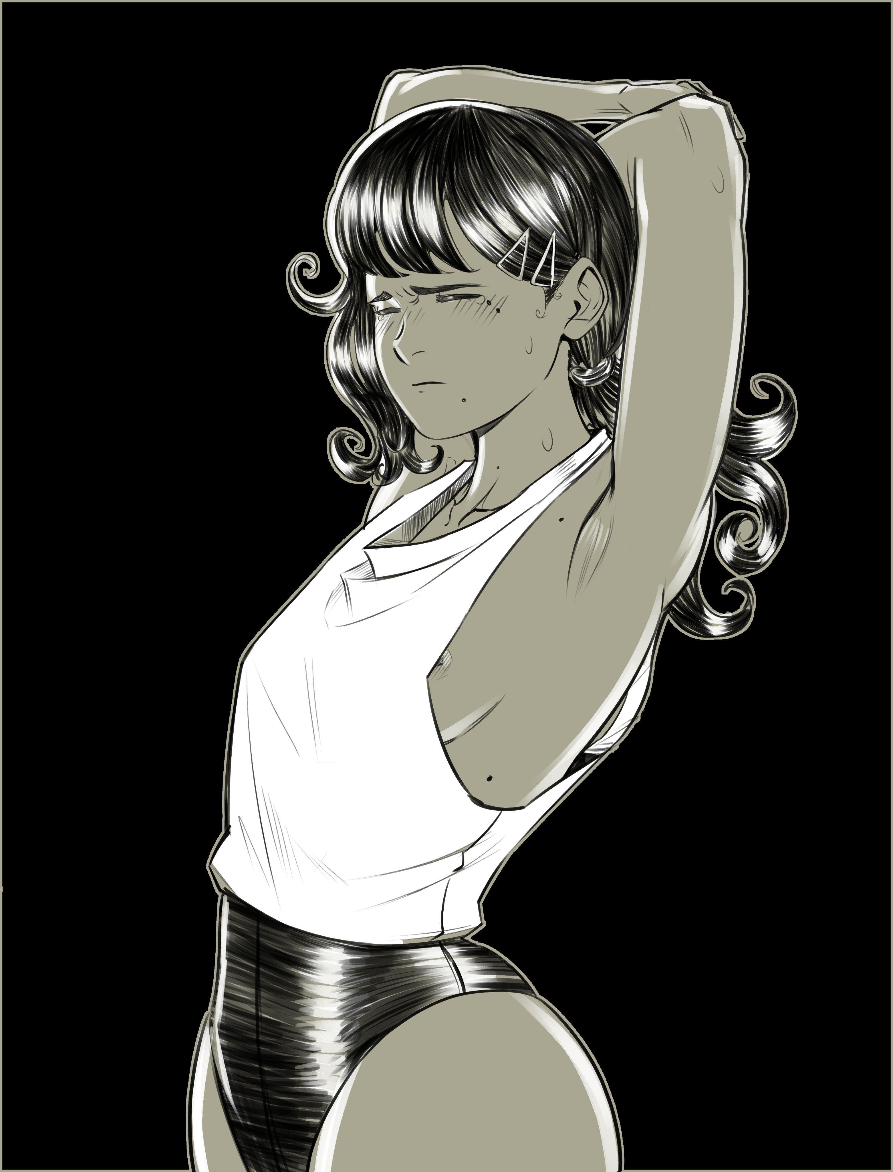 1girls, 2d, 2d (artwork), armpits, arms up, black hair, breasts, chainsaw man, closed eyes, female, female only, franicman, higashiyama kobeni, kobeni higashiyama, long hair, nipple slip, nipples, sideboob, small breasts