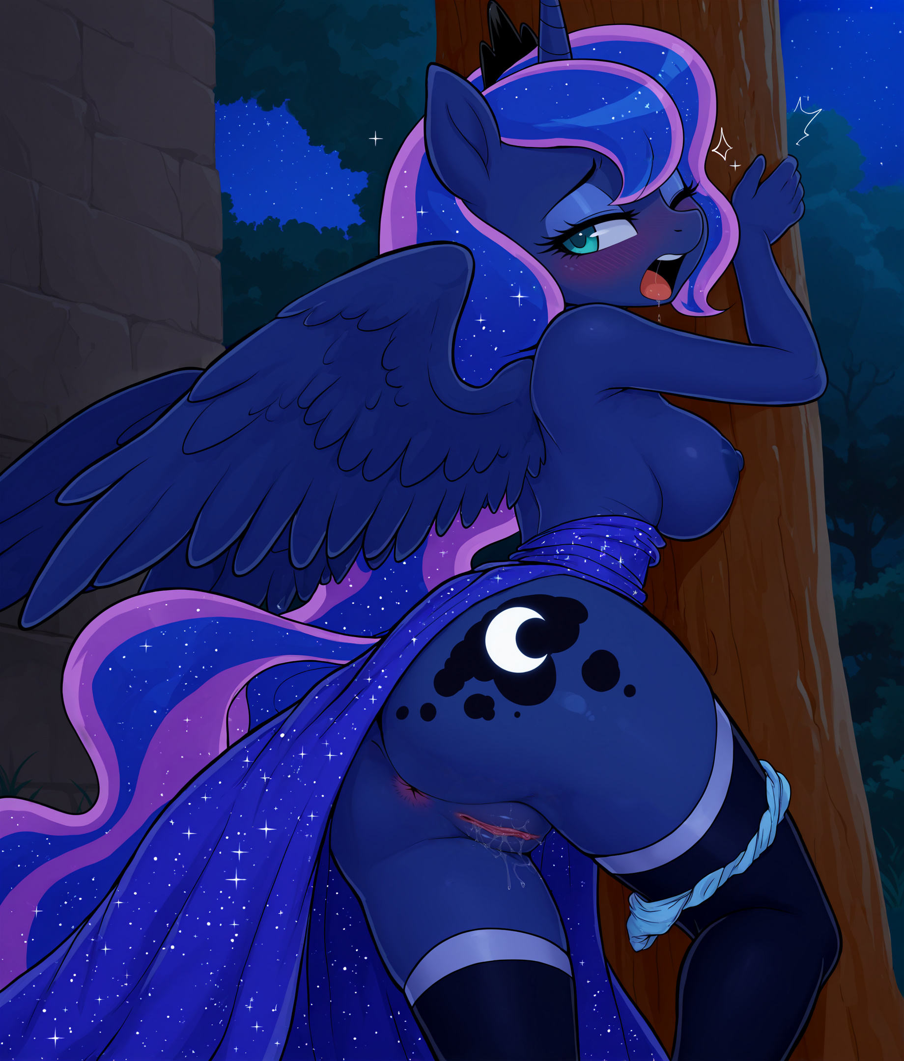 ai generated, alicorn, anthro, anus, ass, blue body, blue feathers, blue fur, bodily fluids, breasts, clitoris, clothing, cutie mark, dress, equid, equine, ethereal hair, ethereal tail, eyelashes, feathered wings, feathers, female, friendship is magic, fur, genital fluids, genitals, hi res, horn, horse, inviting to sex, leaning on tree, legwear, looking at viewer, looking back, looking back at viewer, mammal, mostly nude, mostly nude female, my little pony, night, nude, open mouth, outdoor nudity, outside, pony, presenting, presenting hindquarters, princess luna (mlp), pussy, pussy juice, raised leg, sky, solo, star, starry sky, stockings, stone wall, teal eyes, wall (structure), wings