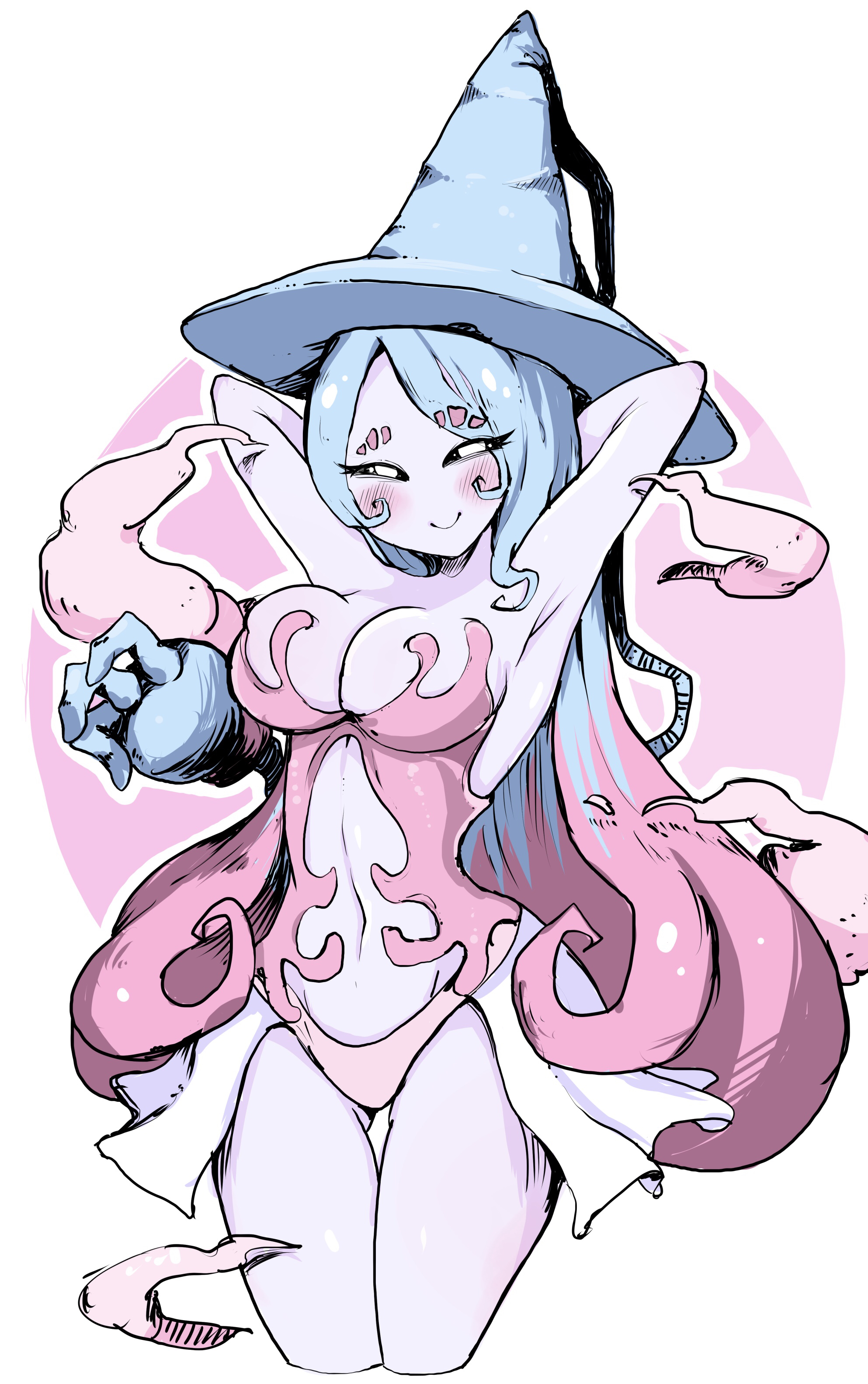 1girls, anthro, armpits, arms up, eyebrows visible through hair, eyelashes visible through hair, female, hatterene, hourglass figure, long hair, long-haired female, navel, pokemon, pokemon ss, simple background, smile, thick thighs, thighs, white-stew, woman