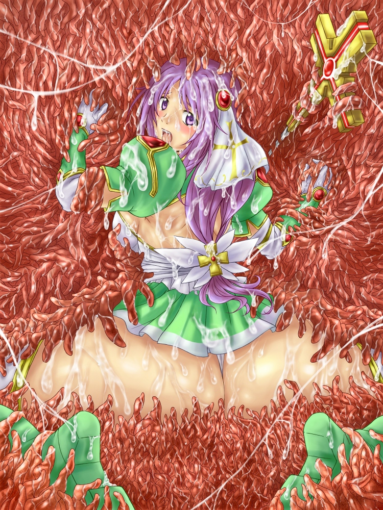 ass azu_(warehouse86) blush boots cum female gloves looking_back open_mouth purple_eyes purple_hair slime solo tentacle totsugeki_tenshi_kanon tsukikage_kuon