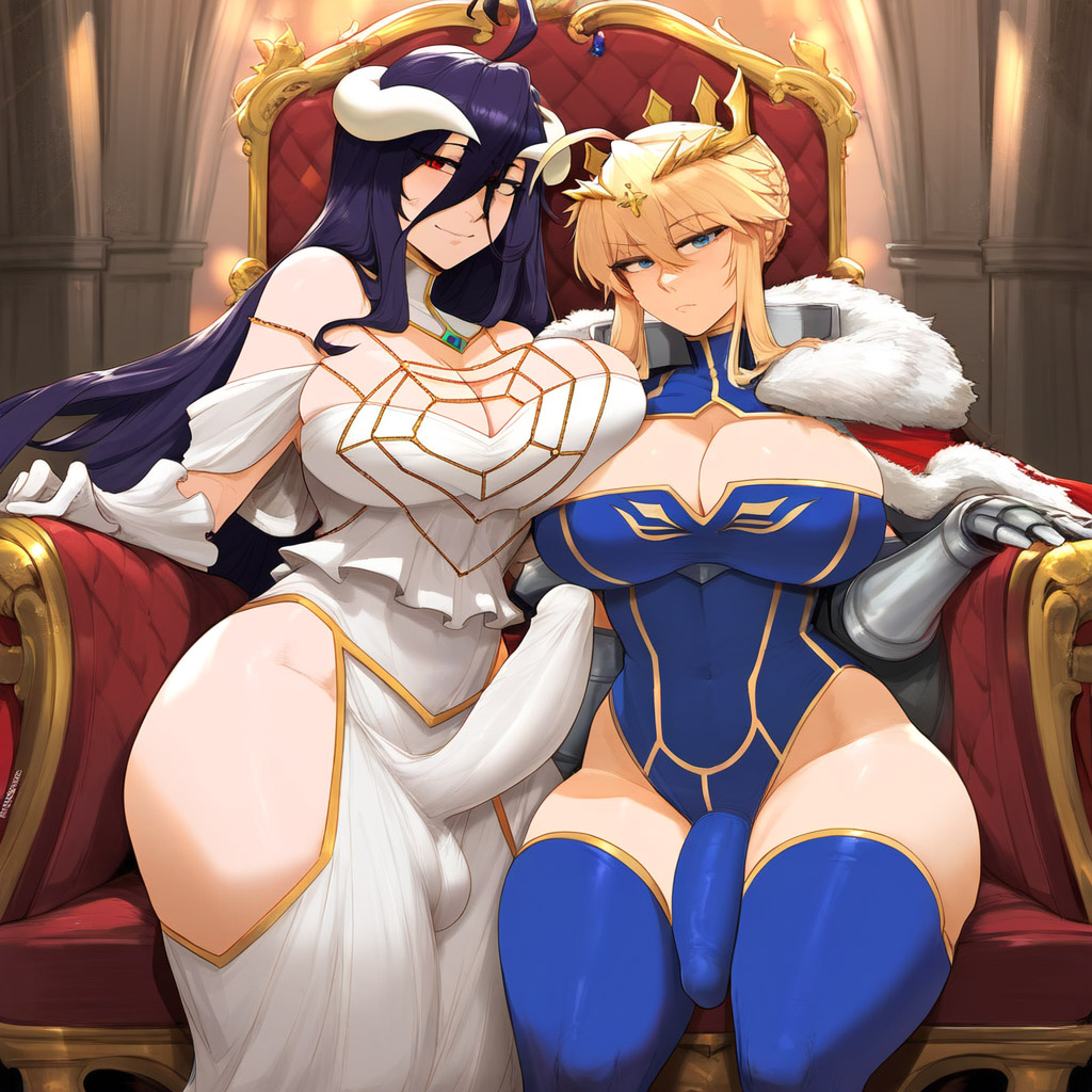 2futas, ahoge, ai generated, albedo (overlord), artoria pendragon, artoria pendragon (all), artoria pendragon (lancer), balls, bangs, bare shoulders, blonde hair, blue legwear, blush, breasts, cape, chair, cleavage, covered navel, covered penis, crown, duo, erection, erection under clothes, fate (series), fate/grand order, french braid, fur trim, fur-trimmed cape, futa only, futanari, gauntlets, gloves, hair between eyes, highleg leotard, hip focus, horns, huge breasts, indoors, intersex, leotard, light-skinned futa, long hair, looking at viewer, multiple futa, multiple penises, overlord (maruyama), penis, racerai, red cape, sidelocks, sitting, smile, swept bangs, symbol-shaped pupils, testicles, thick thighs, thighs