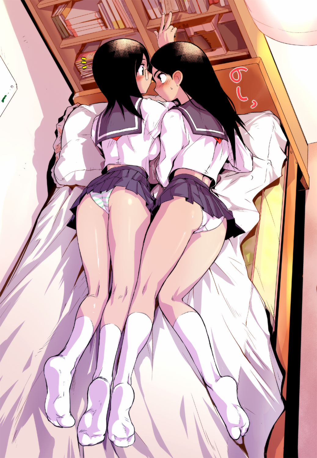 00s, 2000s, 2009, 2girls, ass, black hair, blush, breasts, ez6, feet, female, female only, fujiyoshi harumi, glasses, kitsu chiri, kneepits, legs, light skin, light-skinned female, long hair, long legs, lying, lying on stomach, medium breasts, medium hair, multiple females, multiple girls, no shoes, on bed, panties, pantyshot, sayonara zetsubou sensei, school uniform, seifuku, serafuku, short hair, skirt, socks, soles, source request, striped clothes, striped clothing, striped panties, underwear, uniform, white panties, white underwear, yuri